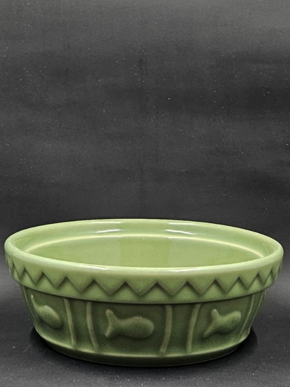 Green Ceramic Cat Bowl embossed fish motif
